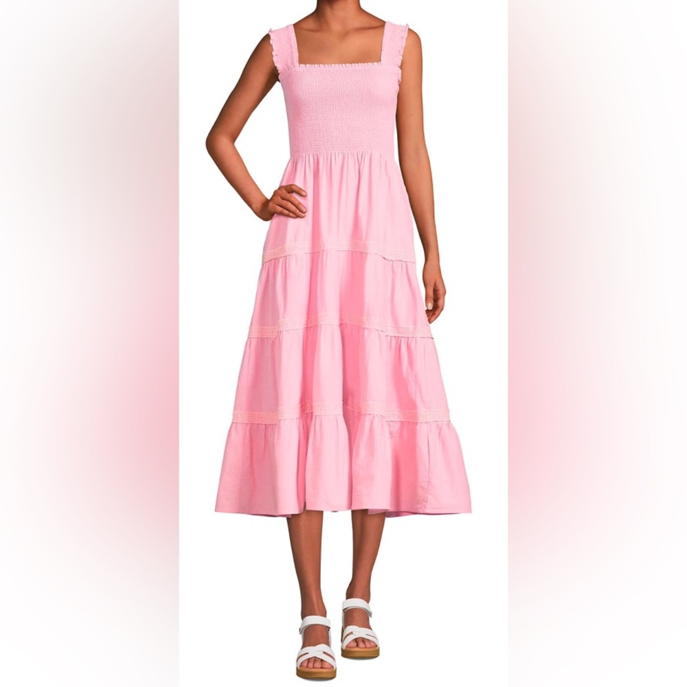 Lands' End Pink Smocked Tiered Midi Sun Dress - Picture 4 of 7